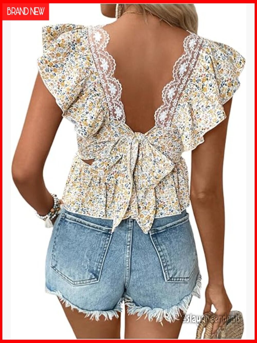 Floral Boho Tie Back Ruffle Blouse Square Neck Peplum Top